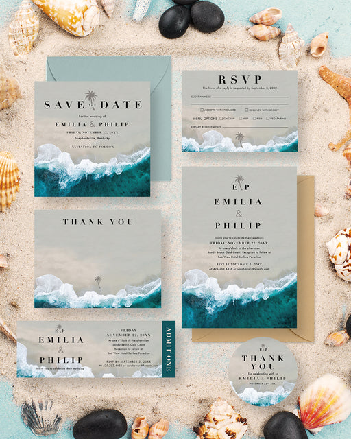 Printed invitation sample with white envelope by Claudia Owen – includes save the date, RSVP, thank you card