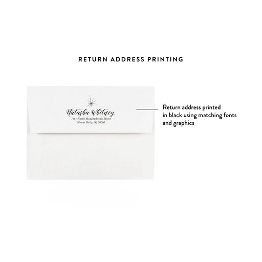 A white envelope with a printed return address on the flap, using black ink. The address is customizable with a name and address, and the envelope is shown with a printed star and decorative graphics around the text.
