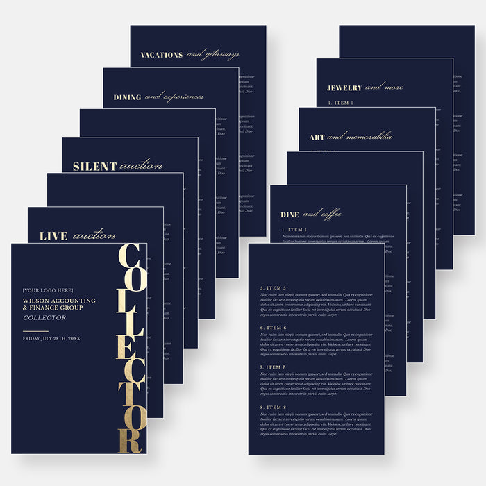 Professional digital collector template for silent and live auctions, editable for fundraising and corporate events