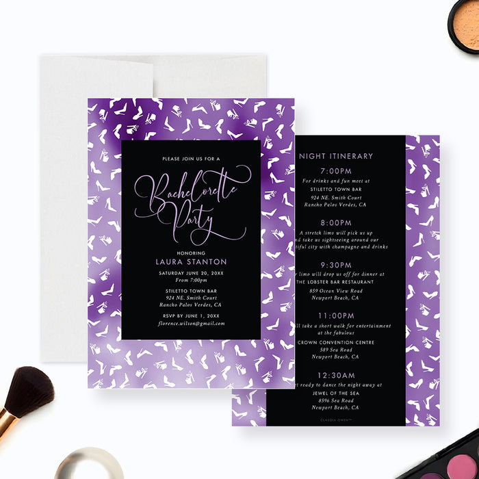 Purple bachelorette party invitation featuring a stylish girls night design with high heels and cocktail icons on a purple background-front-back