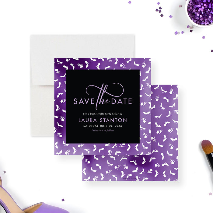 Purple bachelorette party save the date card featuring high heel stiletto icons and a stylish girls night theme.-front-back