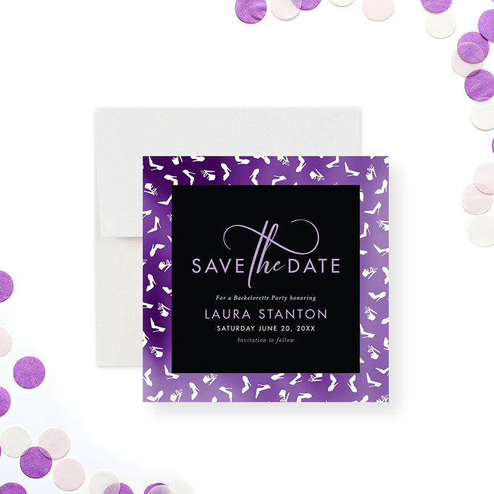 Purple bachelorette party save the date card featuring high heel stiletto icons and a stylish girls night theme.-front