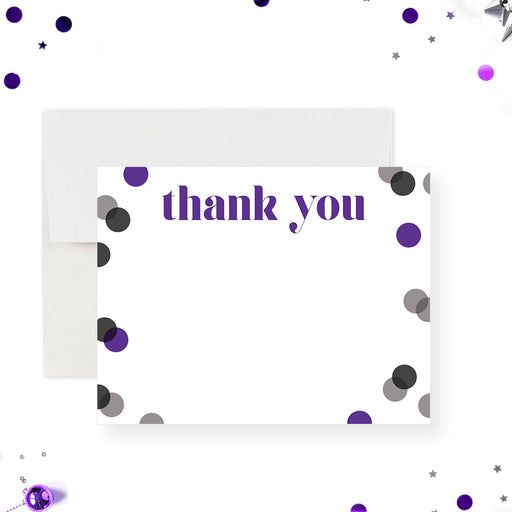 Purple and black confetti thank you card with bold “thank you” text perfect for party favors, showers, or special events.
