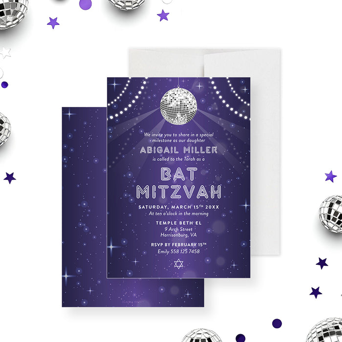purple disco ball Bat Mitzvah invitation with starry night background and disco ball lights-front-back