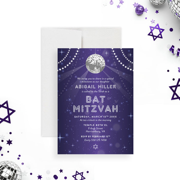 purple disco ball Bat Mitzvah invitation with starry night background and disco ball lights-front