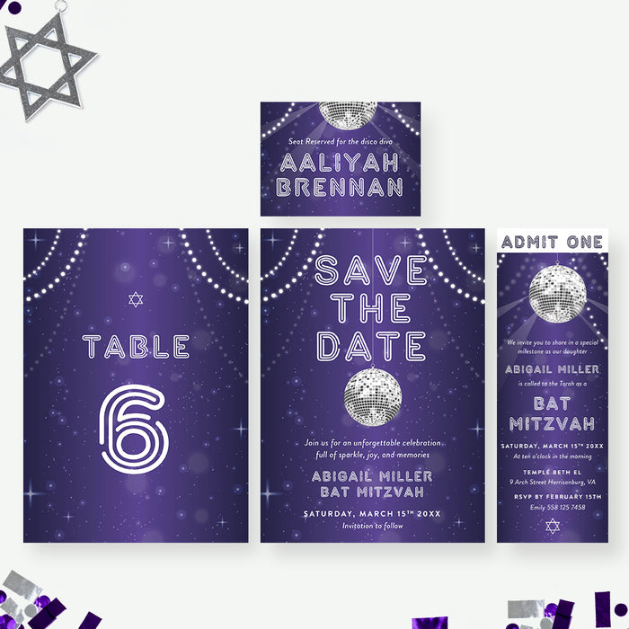 Purple Disco Ball Bat Mitzvah Invitation Starry Party Invite