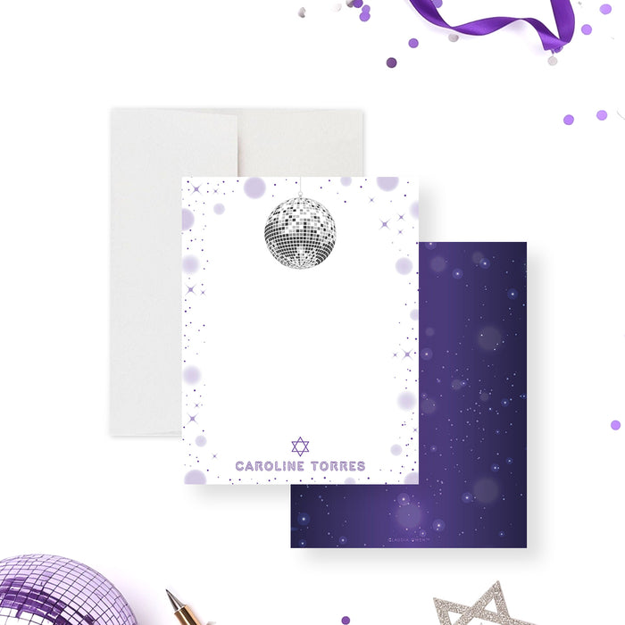 disco Bat Mitzvah thank you card with purple starry night design and custom name-front-back