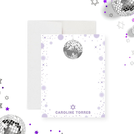 disco Bat Mitzvah thank you card with purple starry night design and custom name-front