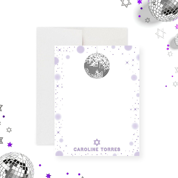 disco Bat Mitzvah thank you card with purple starry night design and custom name-front