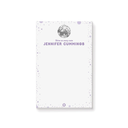 personalized disco ball notepad with purple starry design and modern stationery style