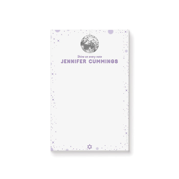 personalized disco ball notepad with purple starry design and modern stationery style