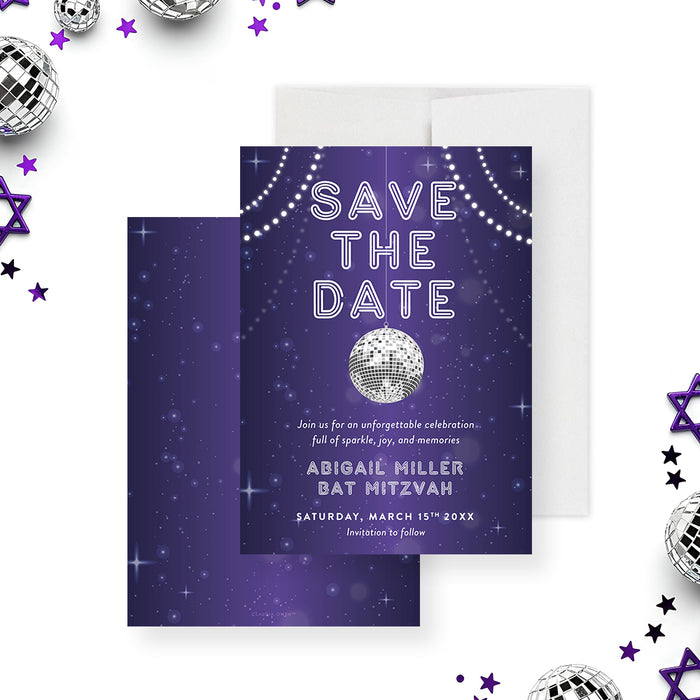purple disco Bat Mitzvah save the date card with disco ball lights and starry night background-front-back