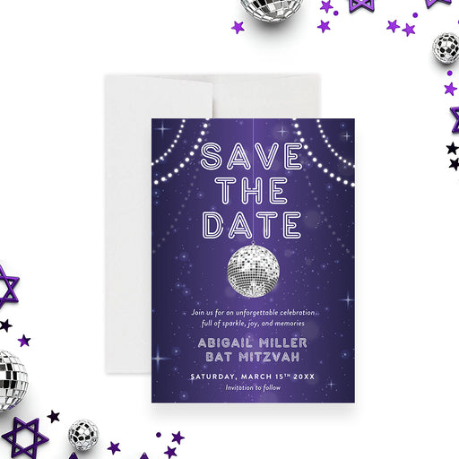 purple disco Bat Mitzvah save the date card with disco ball lights and starry night background-front