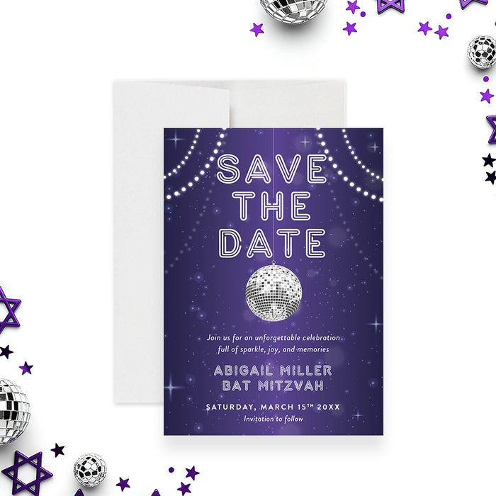 purple disco Bat Mitzvah save the date card with disco ball lights and starry night background-front