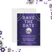 purple disco Bat Mitzvah save the date card with disco ball lights and starry night background-front