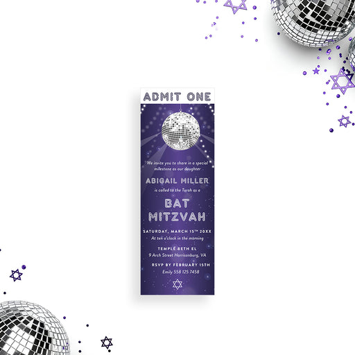 purple disco Bat Mitzvah ticket invitation with mirror ball and starry night design