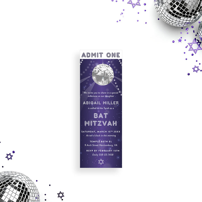 purple disco Bat Mitzvah ticket invitation with mirror ball and starry night design