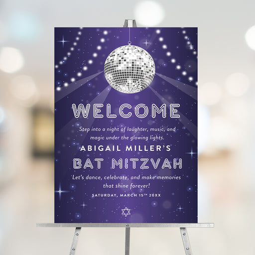 purple disco Bat Mitzvah welcome sign with mirror ball and starry night design, personalized party entrance poster