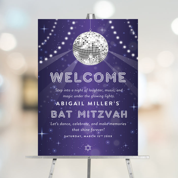 purple disco Bat Mitzvah welcome sign with mirror ball and starry night design, personalized party entrance poster