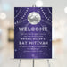purple disco Bat Mitzvah welcome sign with mirror ball and starry night design, personalized party entrance poster