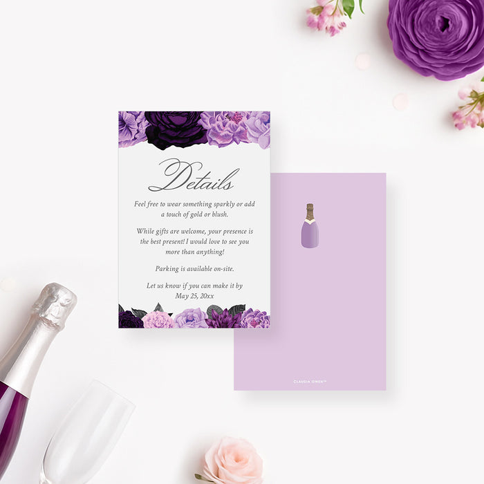 Purple Floral Bridal Shower Invitation Champagne Bottle
