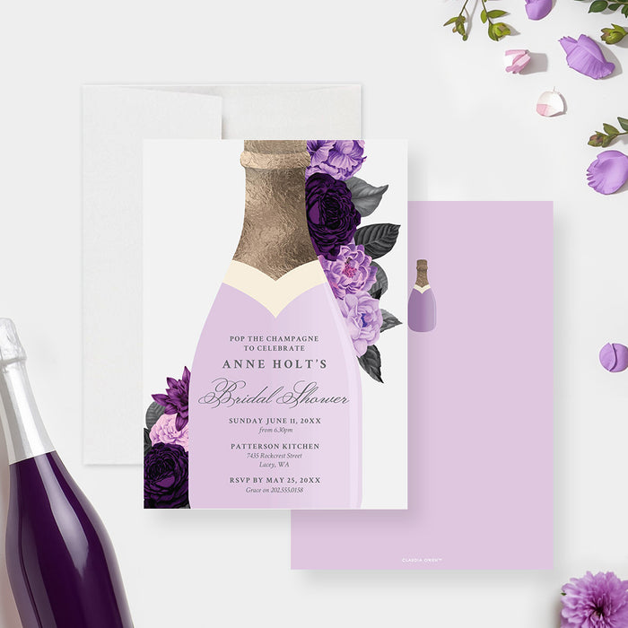personalized bridal shower invitation with a lavender champagne bottle design, elegant purple flowers and customizable event details-front-back