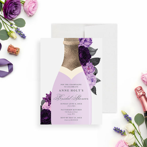 personalized bridal shower invitation with a lavender champagne bottle design, elegant purple flowers and customizable event details-front