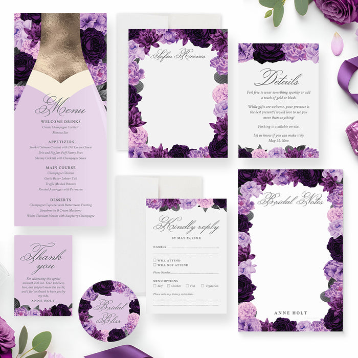 Purple Floral Bridal Shower Invitation Champagne Bottle