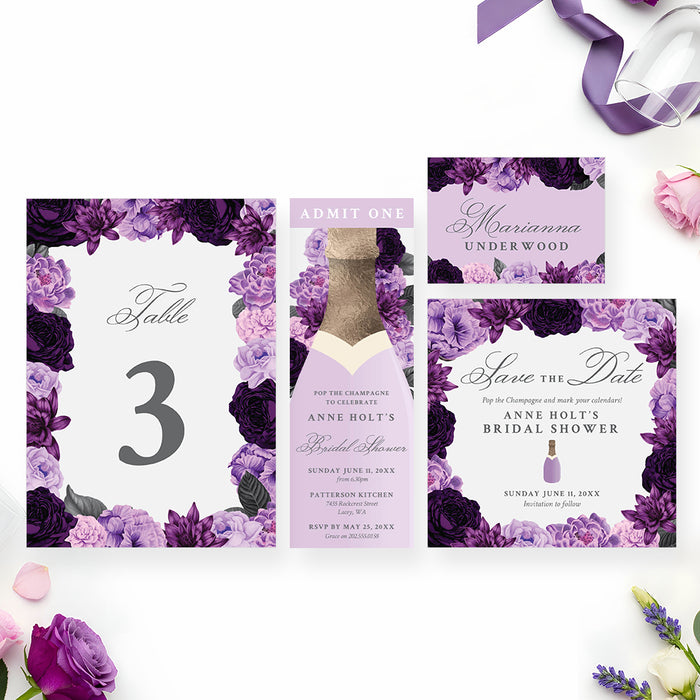 Purple Floral Bridal Shower Invitation Champagne Bottle