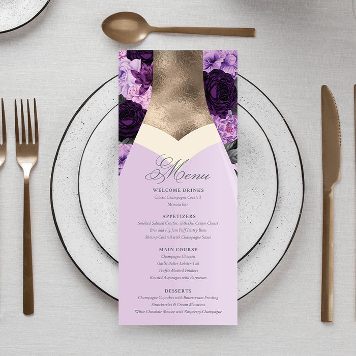 Purple Floral Bridal Shower Invitation Champagne Bottle