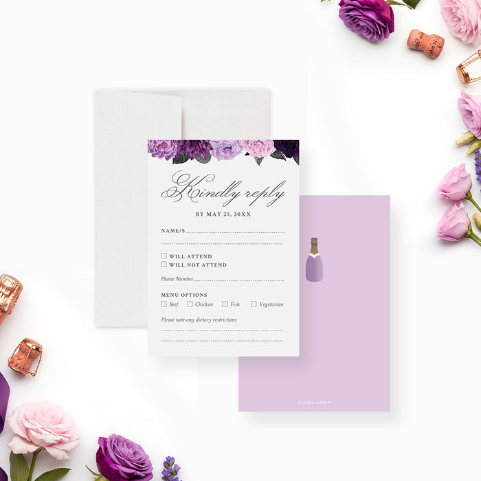 Purple Floral Bridal Shower Invitation Champagne Bottle