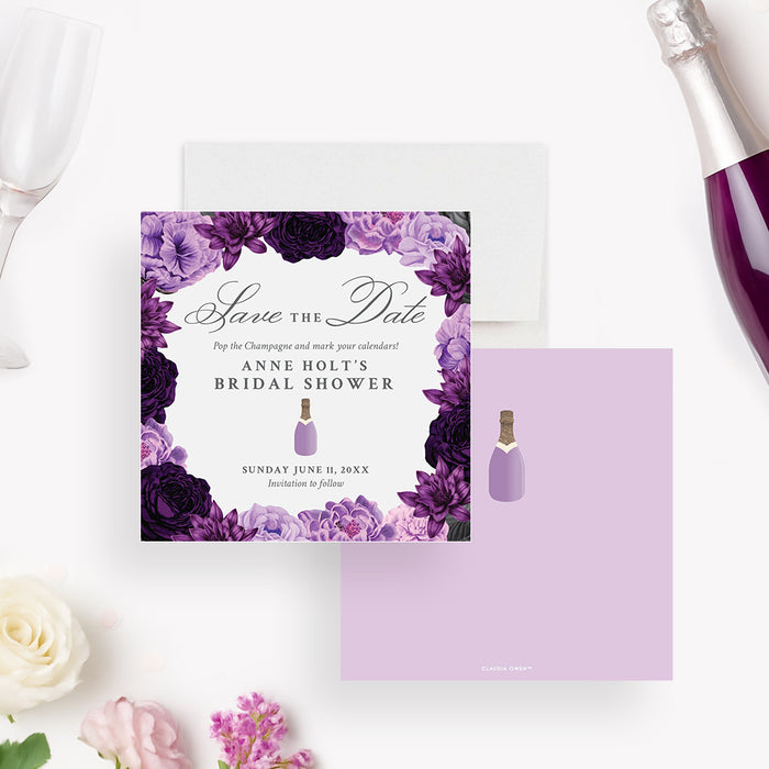 purple floral bridal shower save the date card with lavender flowers, champagne bottle illustration, and customizable event details-front-back