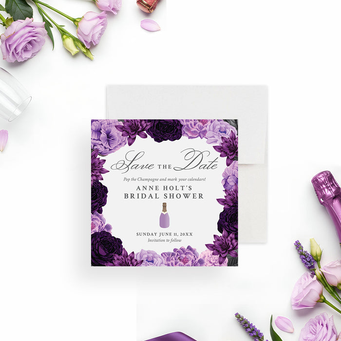 purple floral bridal shower save the date card with lavender flowers, champagne bottle illustration, and customizable event details-front