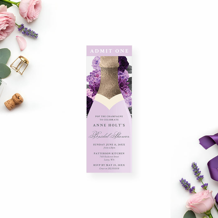 Purple Floral Bridal Shower Invitation Champagne Bottle