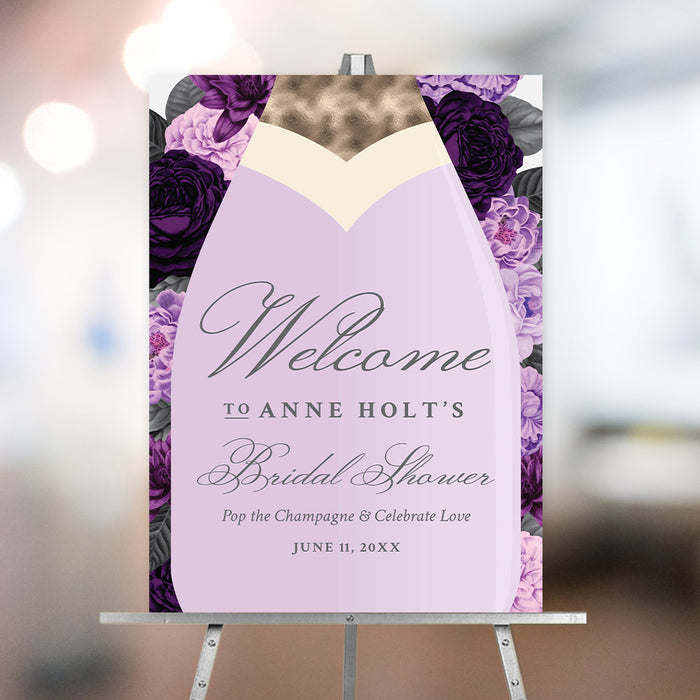 Purple Floral Bridal Shower Invitation Champagne Bottle