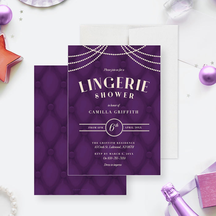 Lingerie shower invitation featuring ivory pearls on a tufted purple background-front-back
