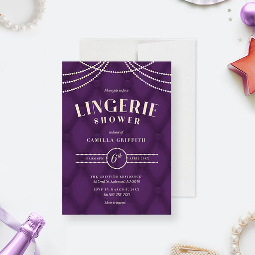 Lingerie shower invitation featuring ivory pearls on a tufted purple background-front
