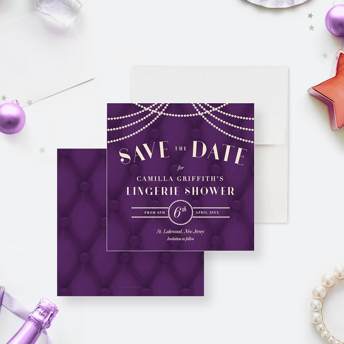 Elegant lingerie shower save the date card with ivory pearls and a purple tufted design-front-back