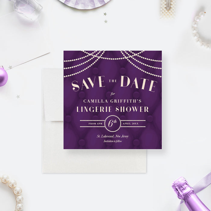 Elegant lingerie shower save the date card with ivory pearls and a purple tufted design-front