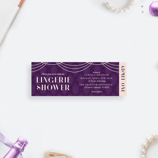 Lingerie shower ticket invitation with ivory pearls on a tufted purple background