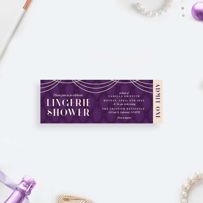 Lingerie shower ticket invitation with ivory pearls on a tufted purple background