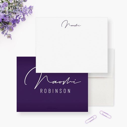 Personalized purple notecard featuring elegant handwritten name in white script