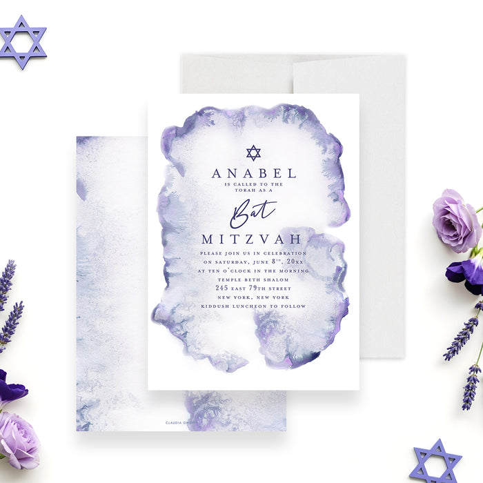 Bat Mitzvah invitation with purple watercolor design elegant Jewish invitation with soft artistic details-front-back
