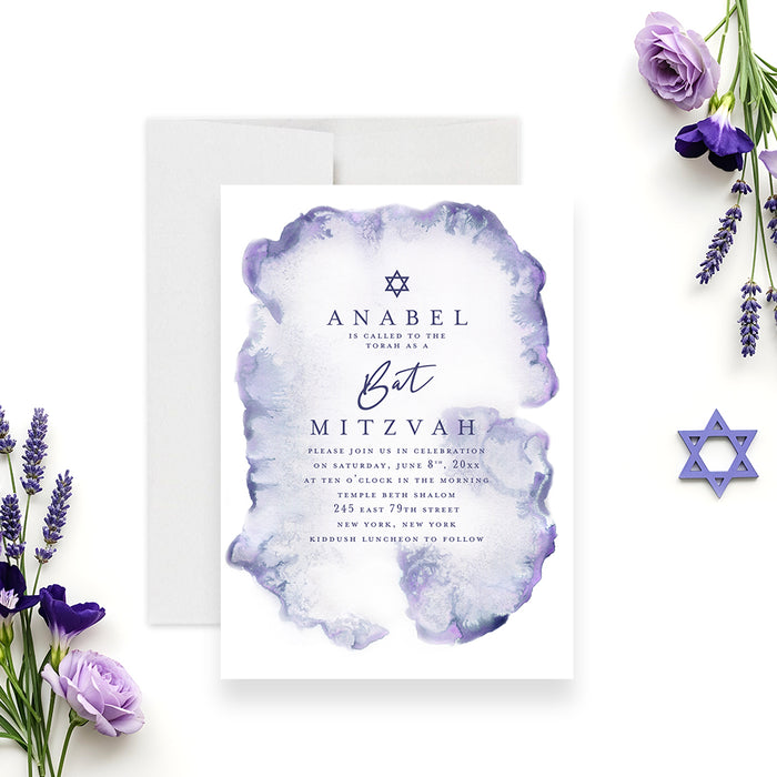 Bat Mitzvah invitation with purple watercolor design elegant Jewish invitation with soft artistic details-front