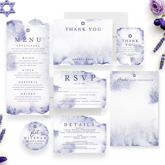 Bat Mitzvah Invitation Purple Watercolor Elegant Jewish Invite