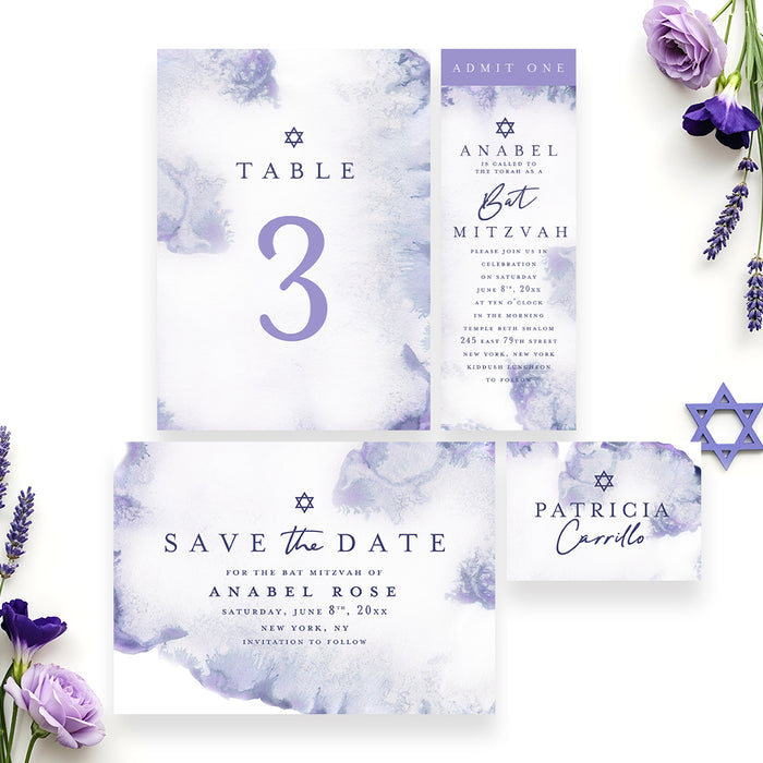 Bat Mitzvah Invitation Purple Watercolor Elegant Jewish Invite