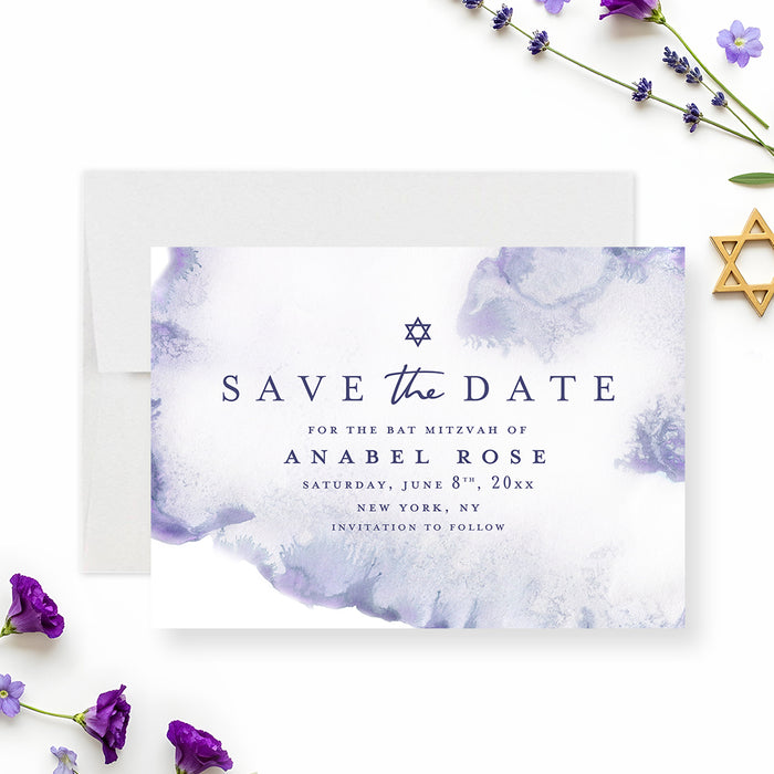 Watercolor Bat Mitzvah save the date card in purple tones with Star of David and elegant typography for Jewish celebration announcement-front