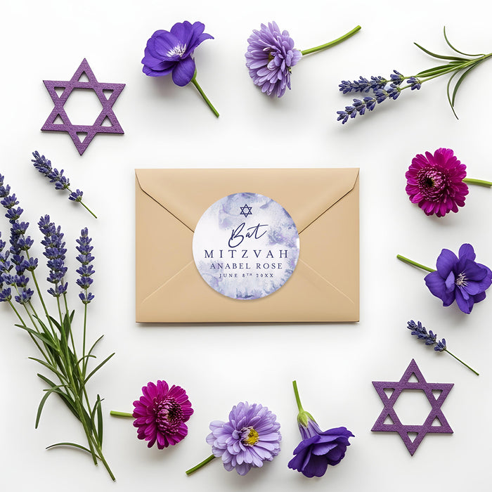 Bat Mitzvah Invitation Purple Watercolor Elegant Jewish Invite