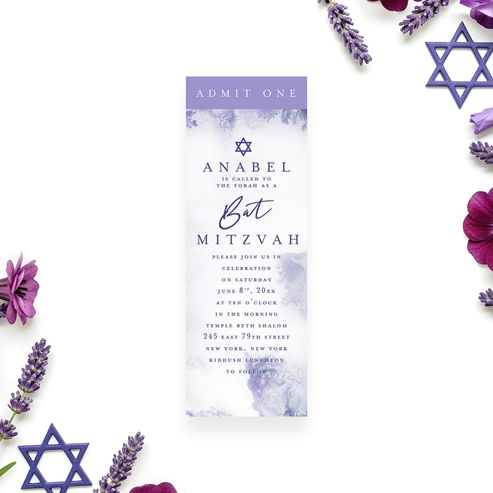 Bat Mitzvah ticket invitation purple watercolor admit one design elegant Jewish event invite