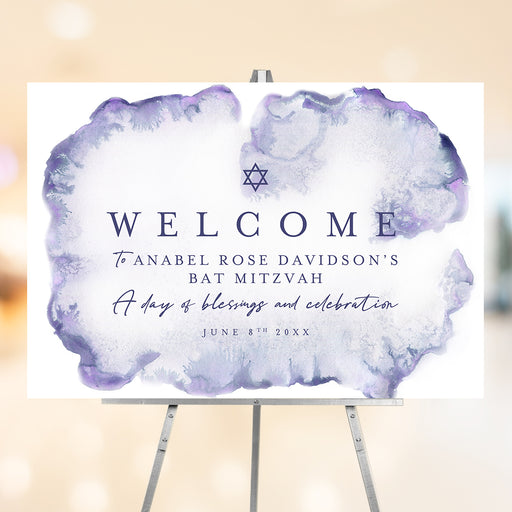 Purple watercolor Bat Mitzvah welcome sign with Star of David personalized event entrance signage for Jewish celebration decor